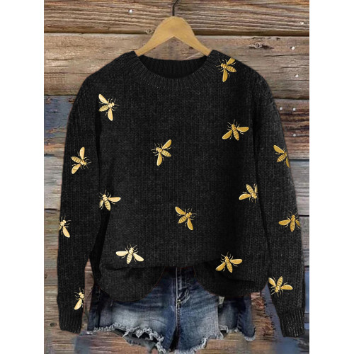 Golden Bees Pattern Cozy Knit Sweater