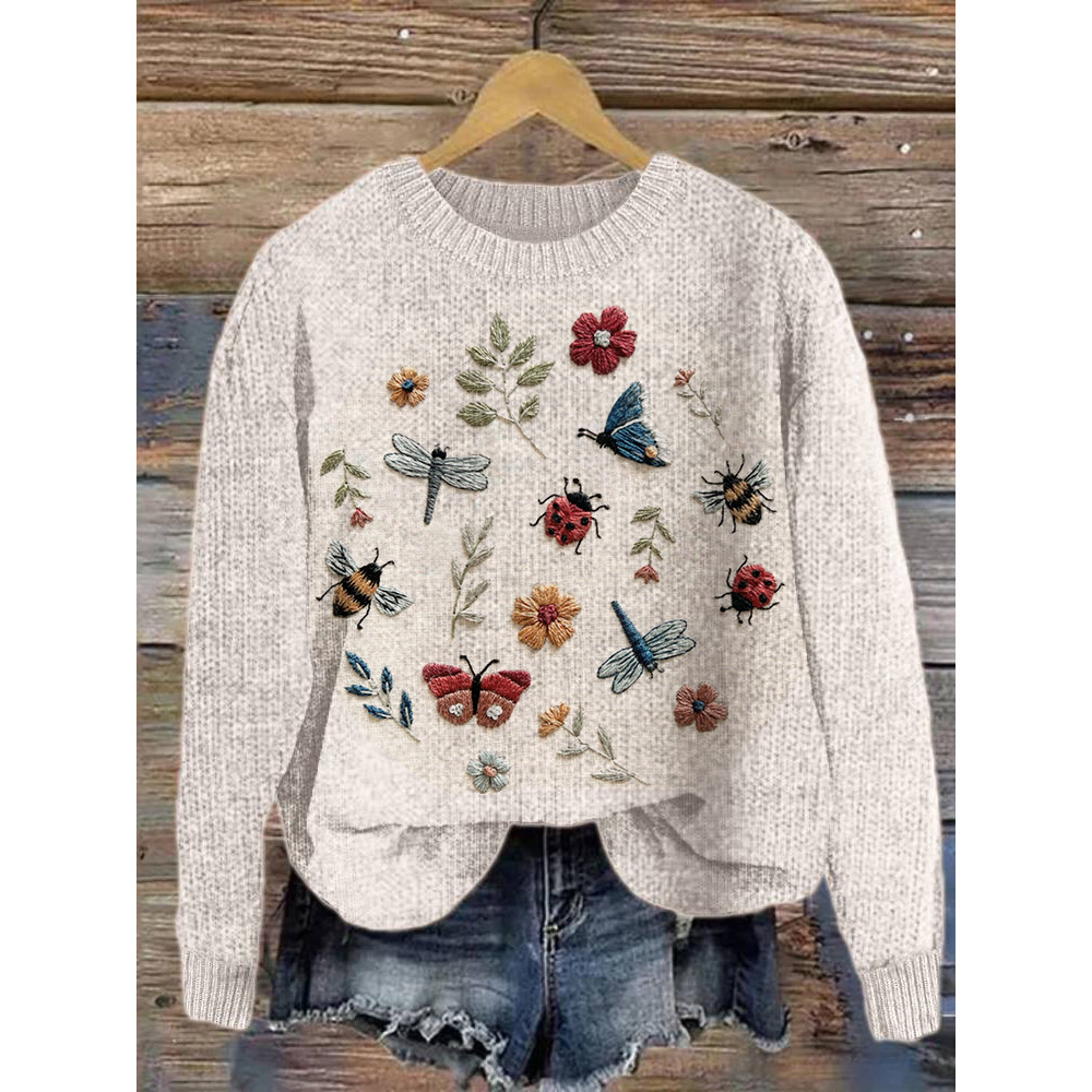 Insect Embroidery Art Casual Cozy Knit Sweater