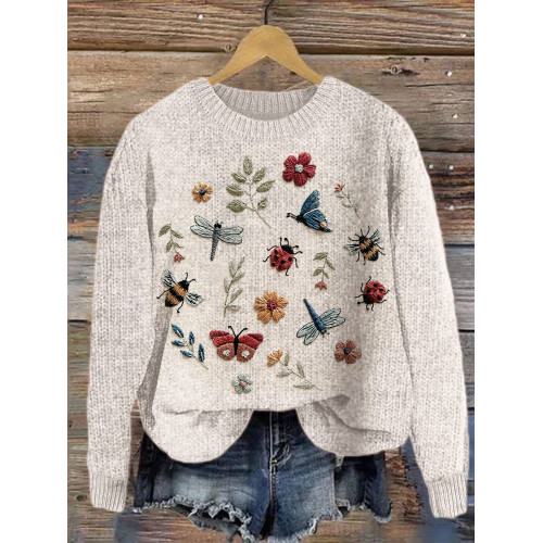 Insect Embroidery Art Casual Cozy Knit Sweater