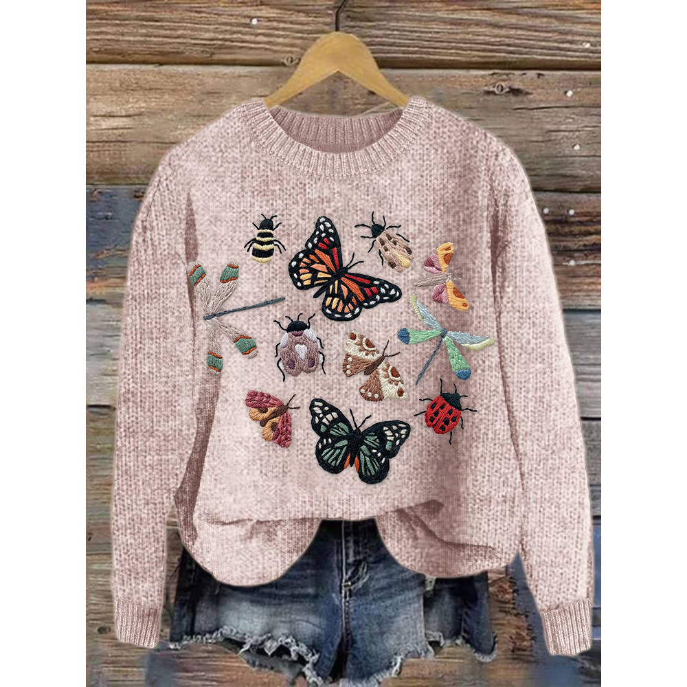 Insect Embroidery Art Cozy Knit Sweater