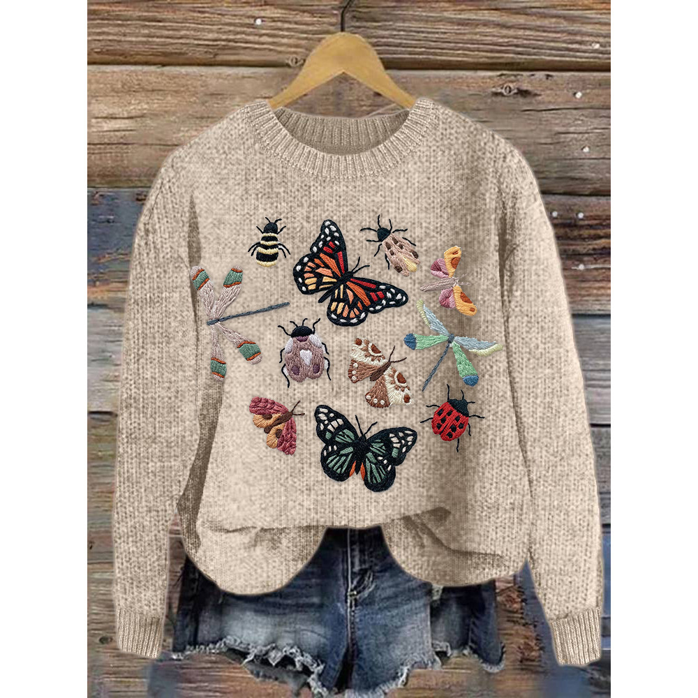 Insect Embroidery Art Cozy Knit Sweater