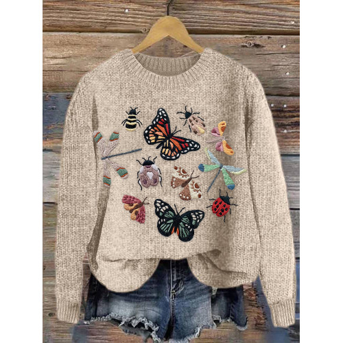 Insect Embroidery Art Cozy Knit Sweater
