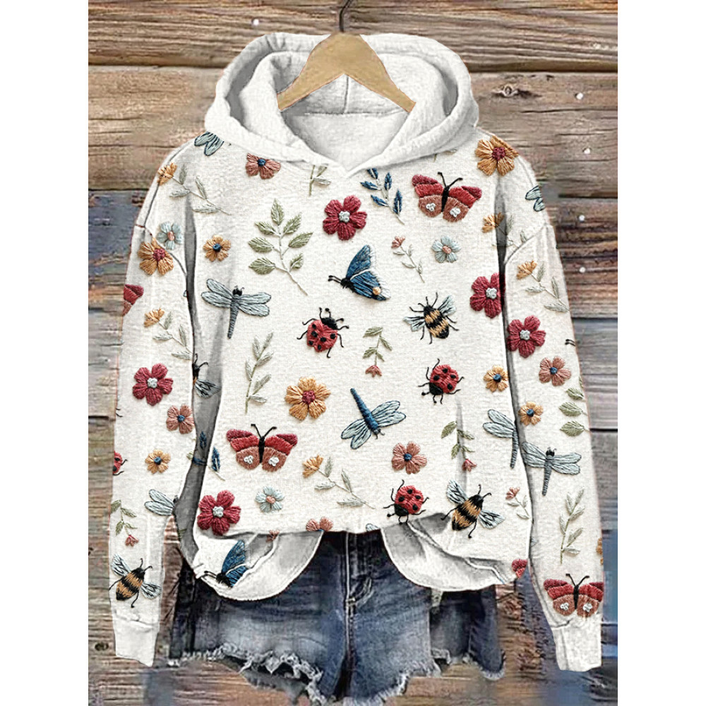 Insects & Flowers Embroidery Art Casual Cozy Hoodie