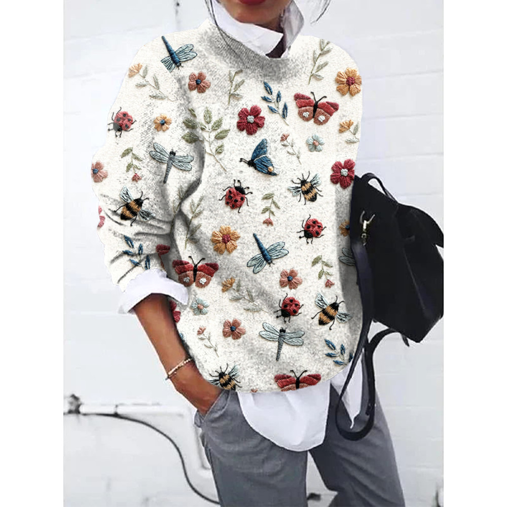 Insects & Flowers Embroidery Art Cozy Knit Sweater