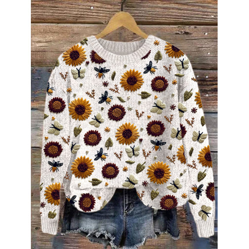 Insects & Sunflower Embroidery Art Cozy Knit Sweater