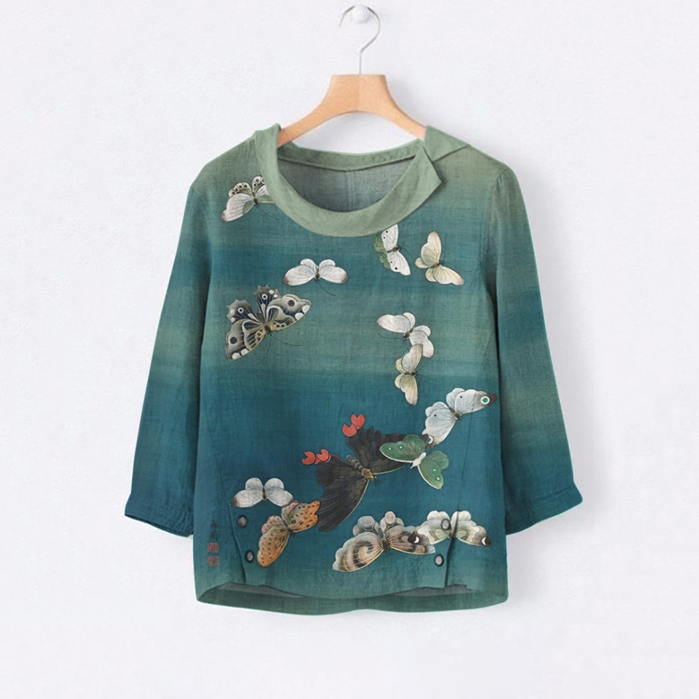 Japanese Art Butterfly Print Casual Blouse