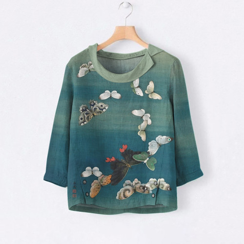 Japanese Art Butterfly Print Casual Blouse