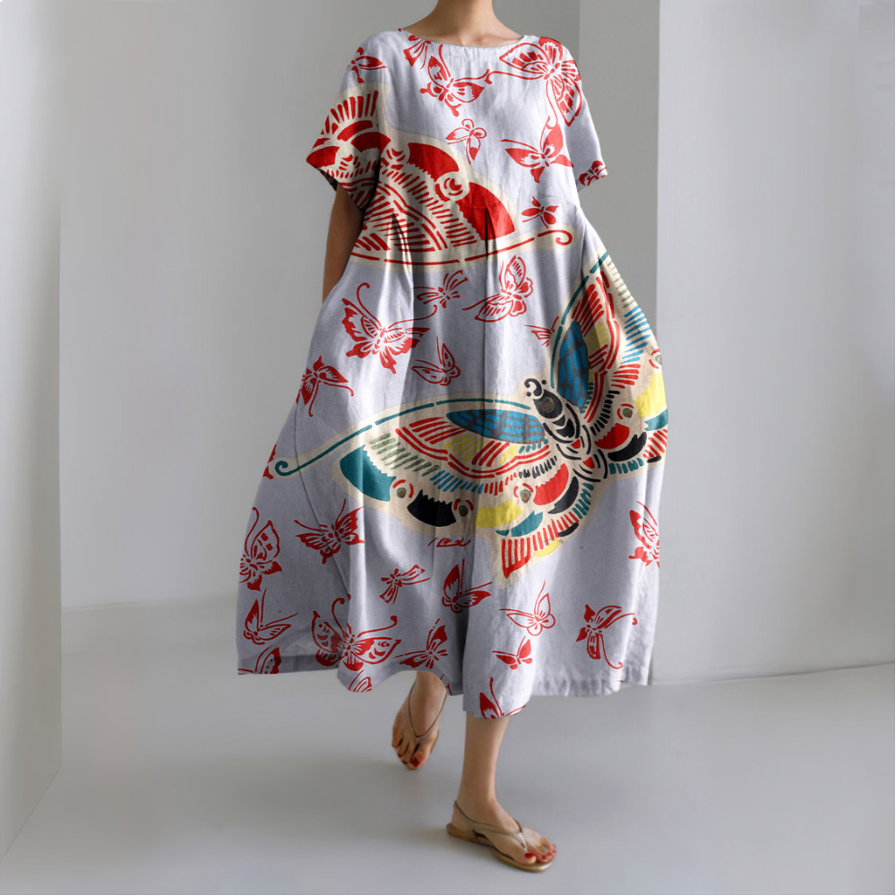 Japanese Art Butterfly Print Short Sleeve Loose Midi Dress
