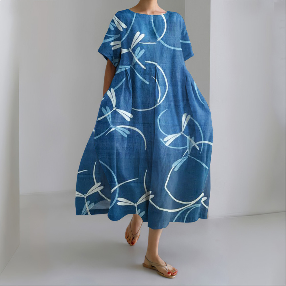 Japanese Art Dragonfly Print Crew Neck Casual Midi Dress