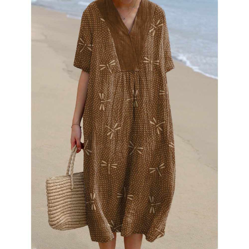 Japanese Art Dragonfly Print Linen Blend Dress