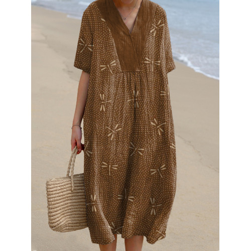 Japanese Art Dragonfly Print Linen Blend Dress