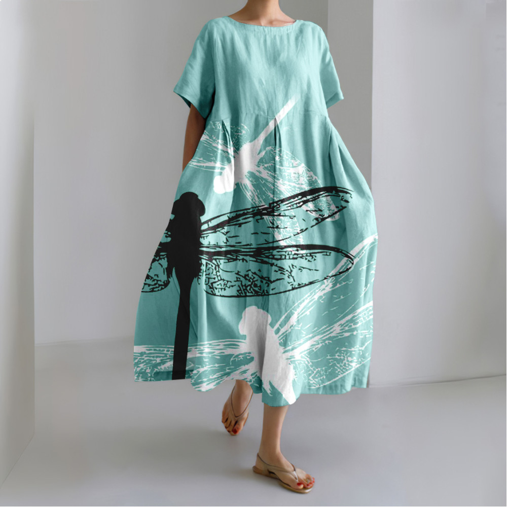 Japanese Dragonfly Art Linen Blend Casual Dress