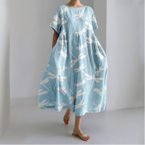 Japanese Dragonfly Dancers Art Linen Blend Casual Dress