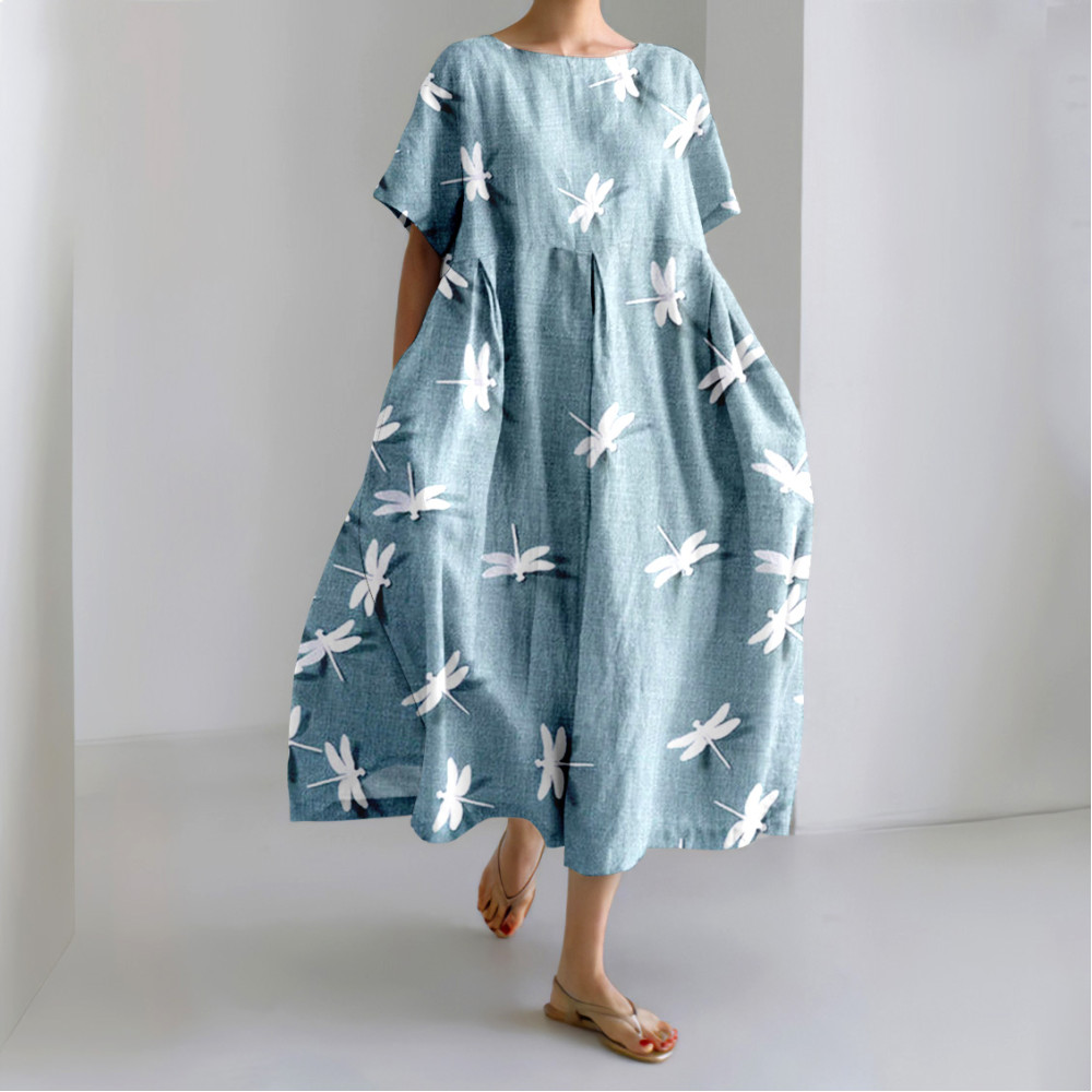Japanese Dragonfly Sky Art Linen Blend Casual Dress
