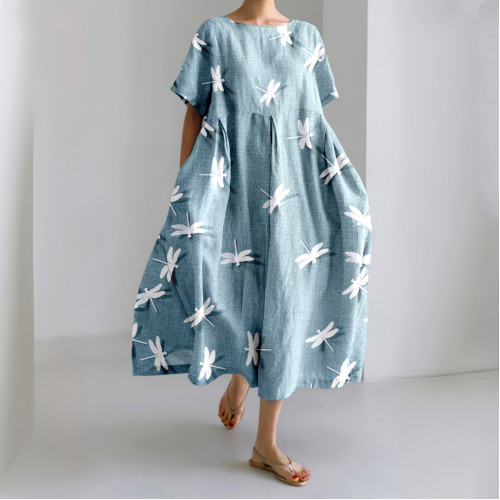 Japanese Dragonfly Sky Art Linen Blend Casual Dress