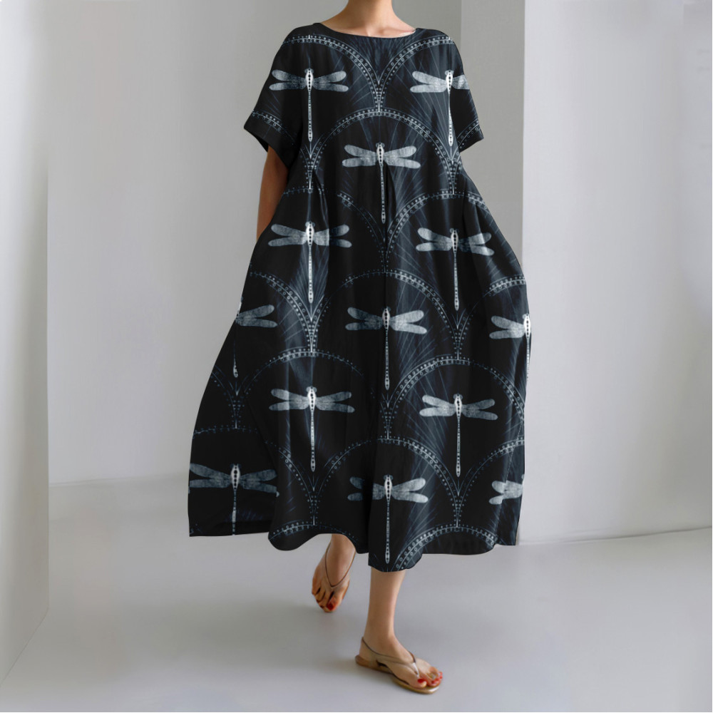 Japanese Glam Dragonflies Art Linen Blend Casual Dress