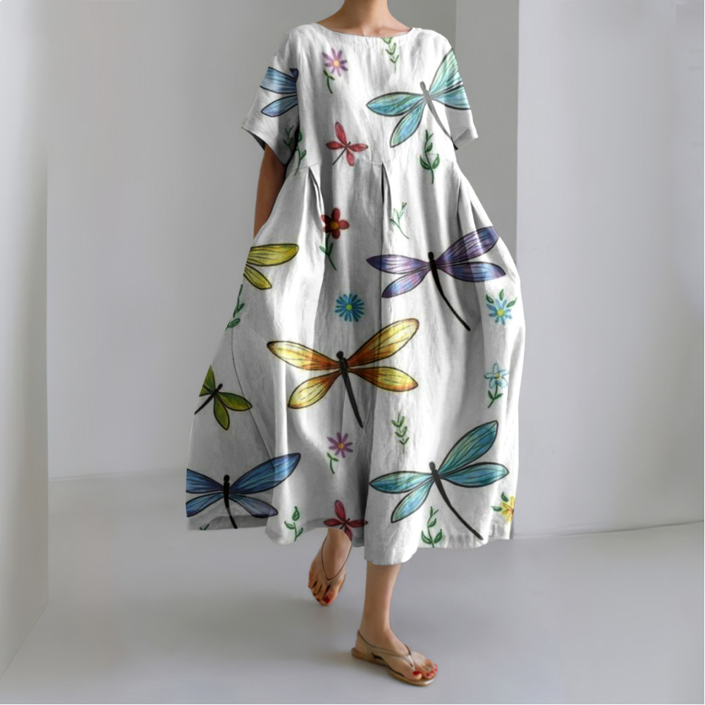 Japanese Rainbow Dragonfly Art Linen Blend Casual Dress
