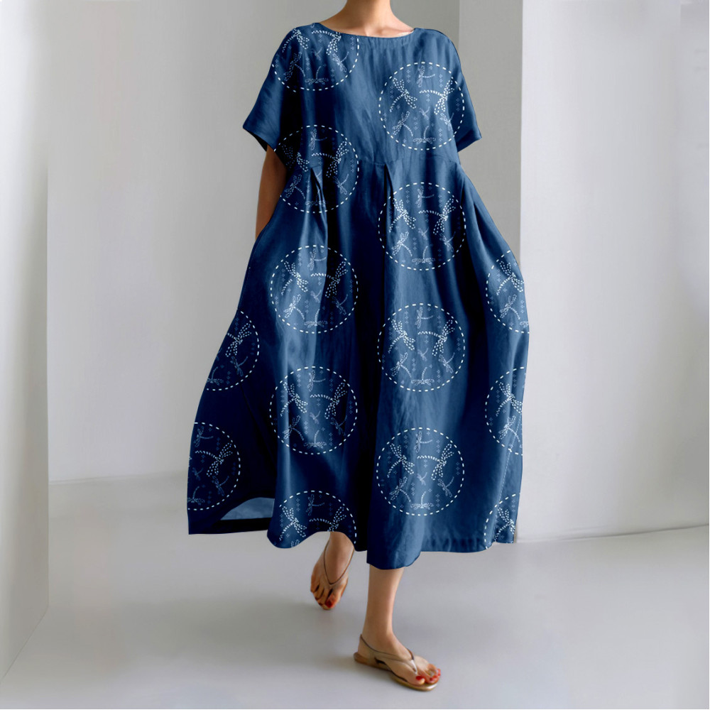 Japanese Sashiko Dragonflies Art Linen Blend Casual Dress
