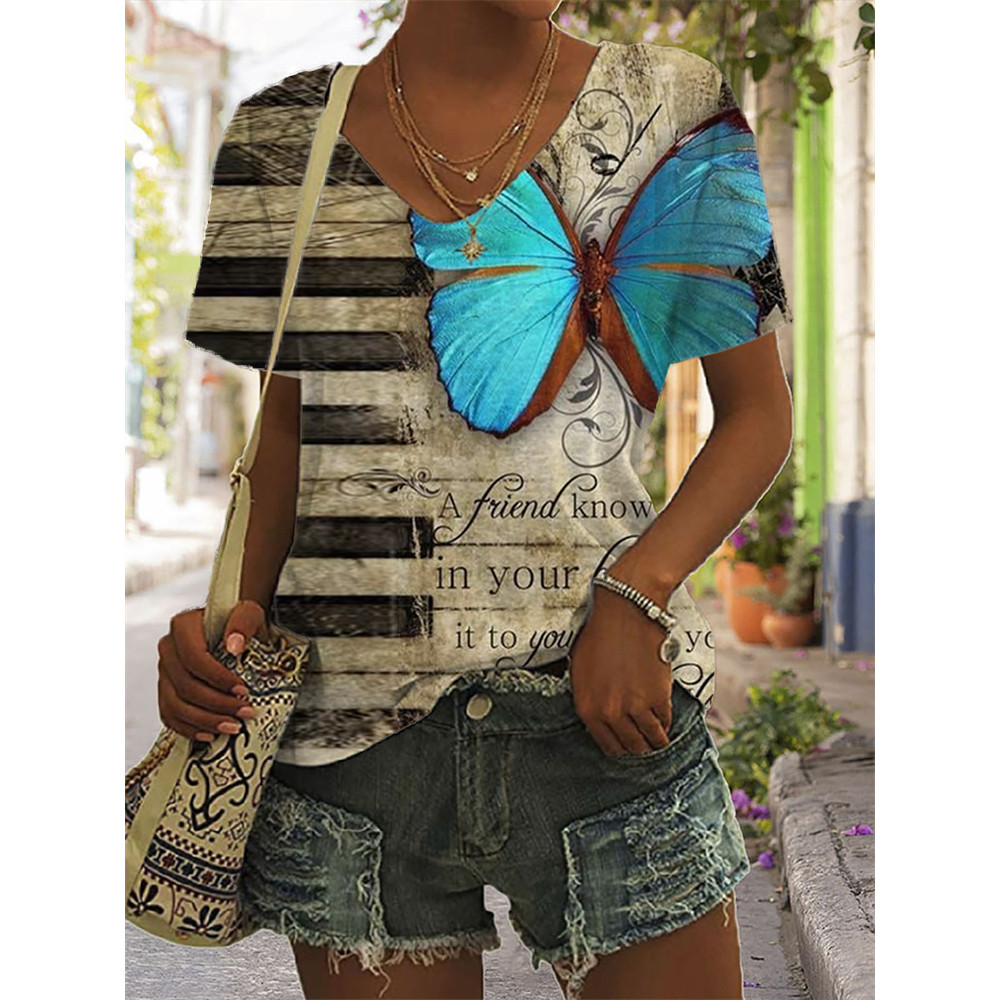 Music Piano Key Butterfly Art Print V-Neck T-Shirt