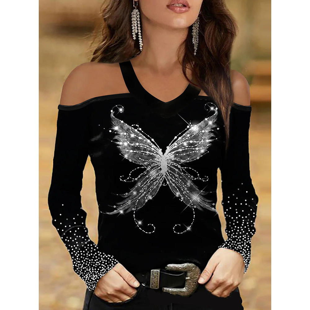 Off Shoulder Butterfly Printed Long Sleeve Shirt