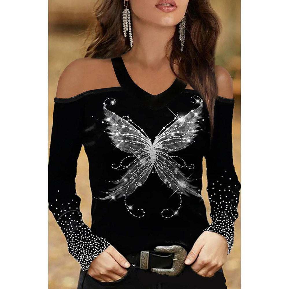 Off Shoulder Butterfly Printed Long Sleeve Shirt