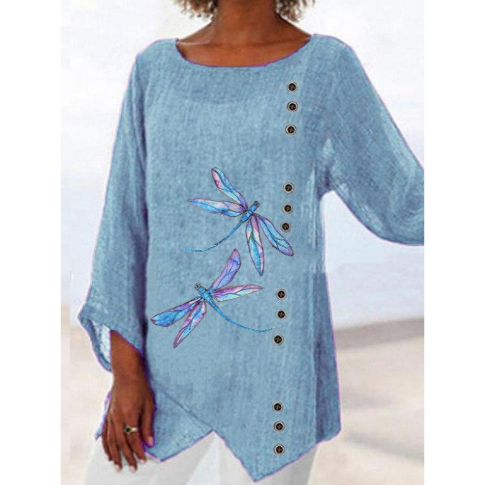 Plus Size Dragonfly Printed Crew Neck Blouse