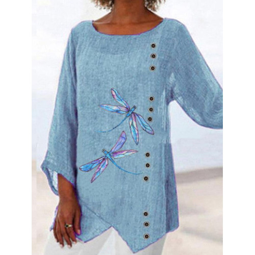 Plus Size Dragonfly Printed Crew Neck Blouse
