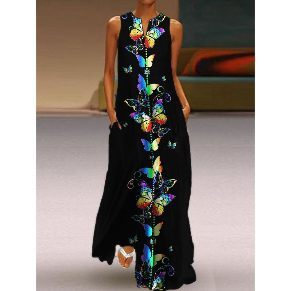 Rainbow Butterflies Art Notch Neck Flowy Maxi Dress