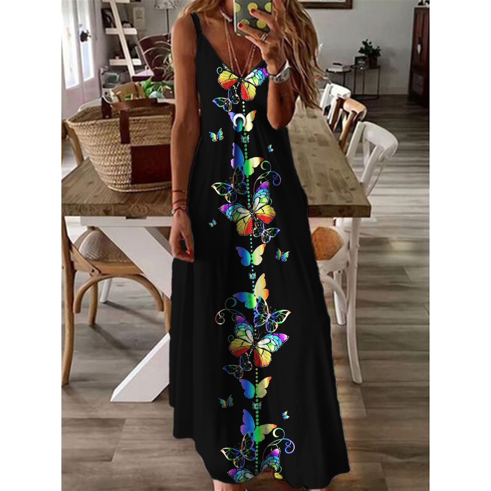 Rainbow Butterflies Art V Neck Cami Maxi Dress