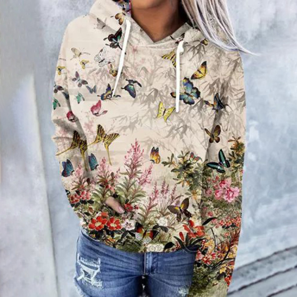 Retro Floral Print Long Sleeve Casual Hoodie