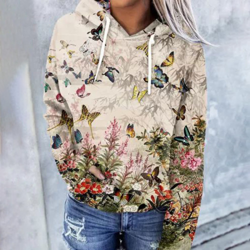 Retro Floral Print Long Sleeve Casual Hoodie