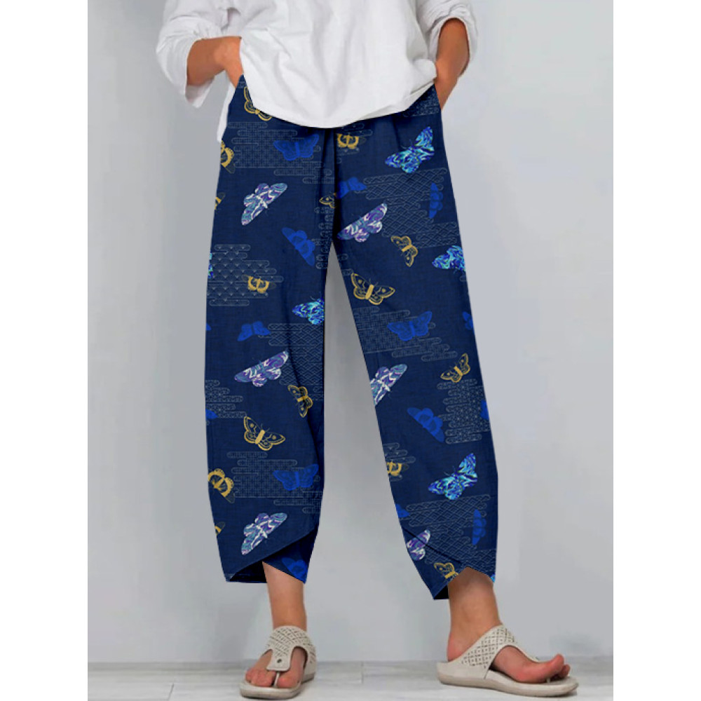 Sashiko Moths Japanese Art Cropped Casual Pants