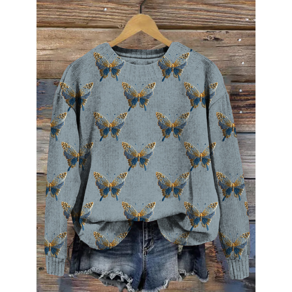 The Beaded Butterfly Embroidery Art Cozy Knit Sweater
