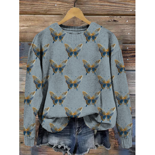The Beaded Butterfly Embroidery Art Cozy Knit Sweater