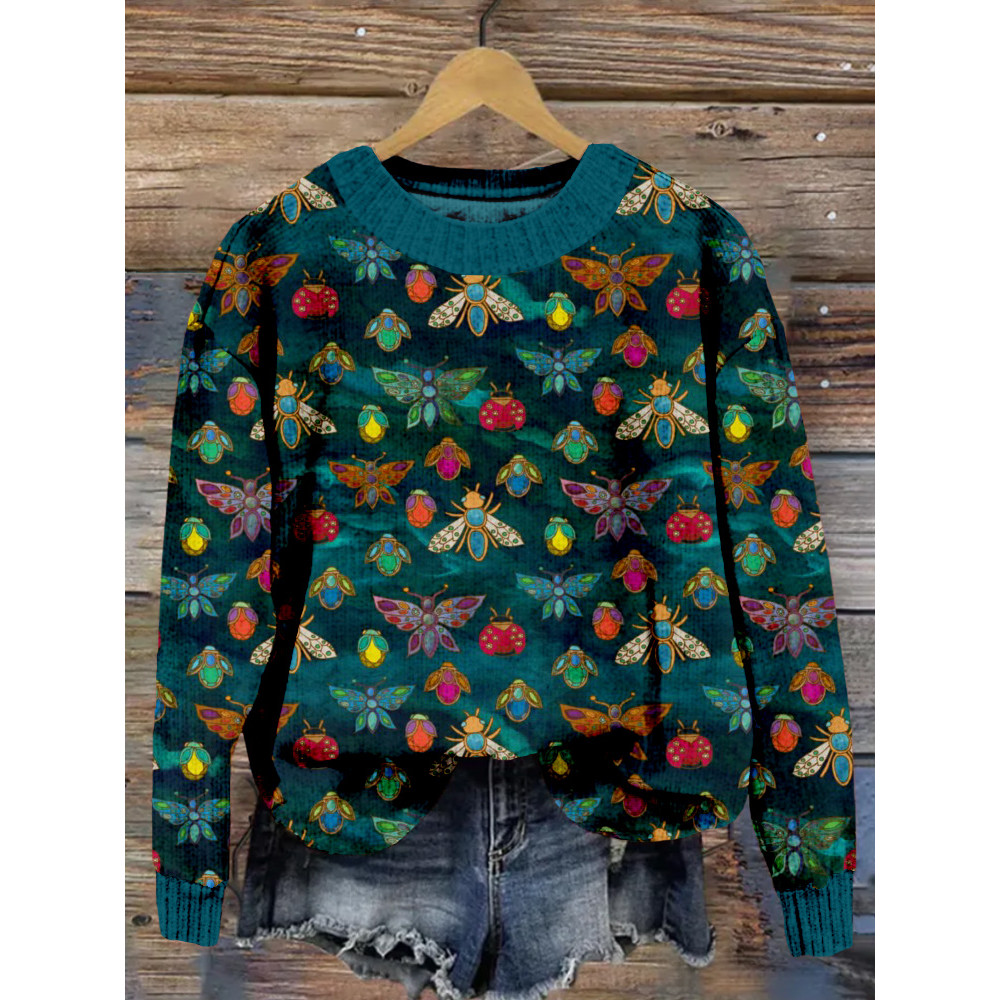 The Jewelled Beetles Pattern Crew Neck Cozy Sweater