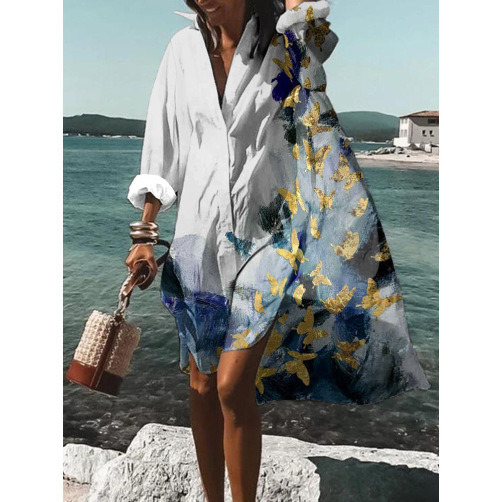 Vacation Butterfly Print Loose Midi Dress