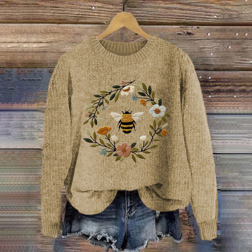 Vintage Bee And Floral Embroidery Art Cozy Knit Sweater