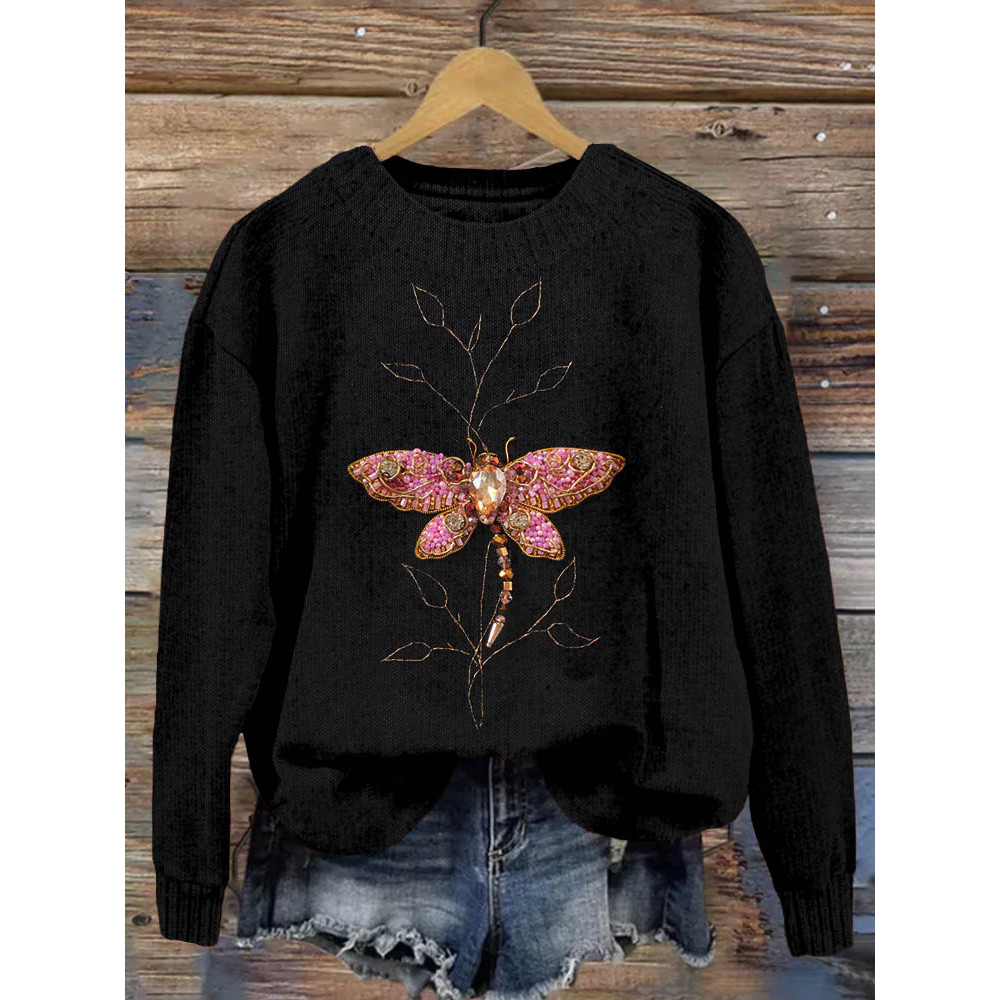 Vintage Dragonfly Beading Embroidery Art Cozy Sweater