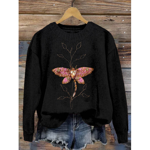 Vintage Dragonfly Beading Embroidery Art Cozy Sweater