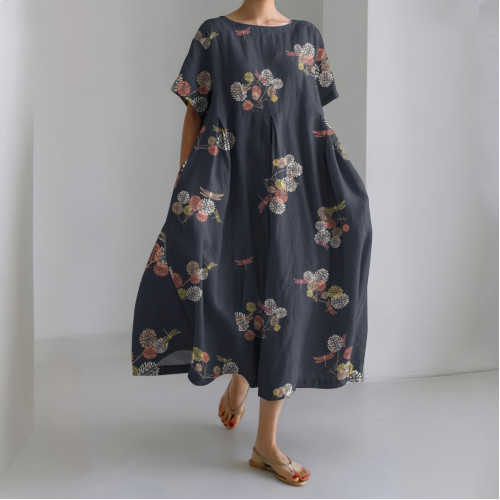 Vintage Dragonfly Print Short Sleeve Casual Midi Dress