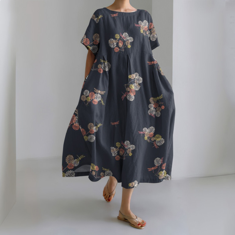 Vintage Dragonfly Print Short Sleeve Casual Midi Dress
