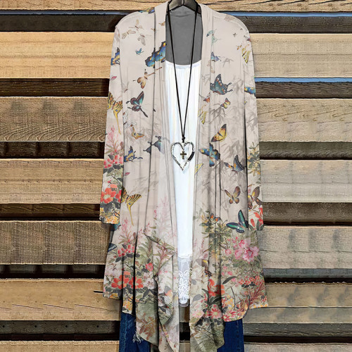 Vintage Floral Butterfly Print Long Sleeve Cardigan