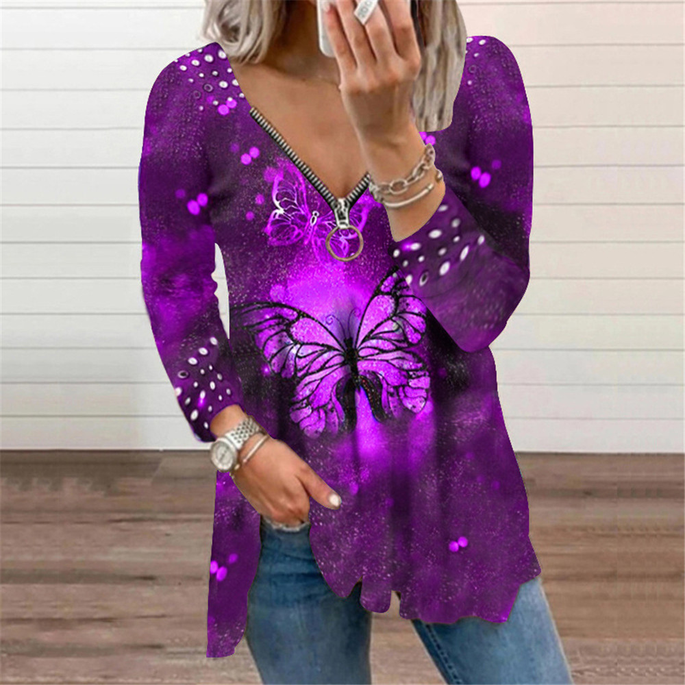 Vintage Zip Long Sleeve Butterfly Print T-Shirt