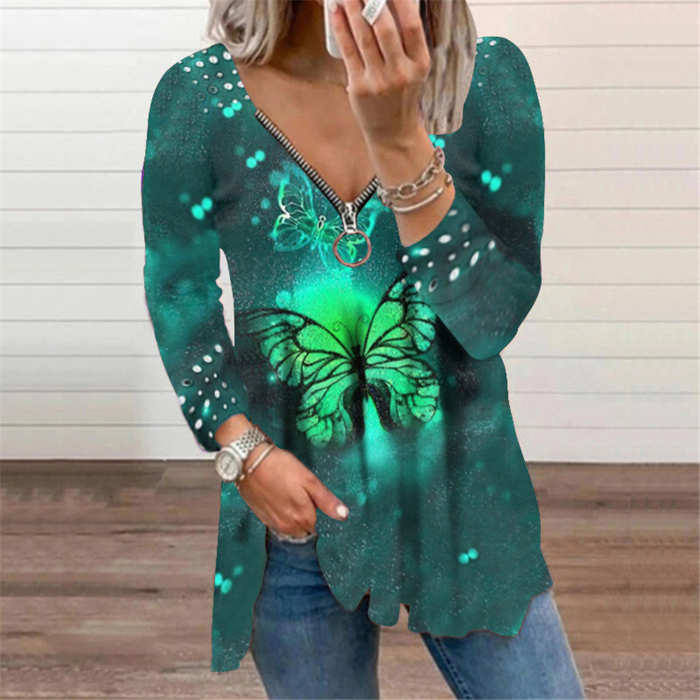 Vintage Zip Long Sleeve Butterfly Print T-Shirt