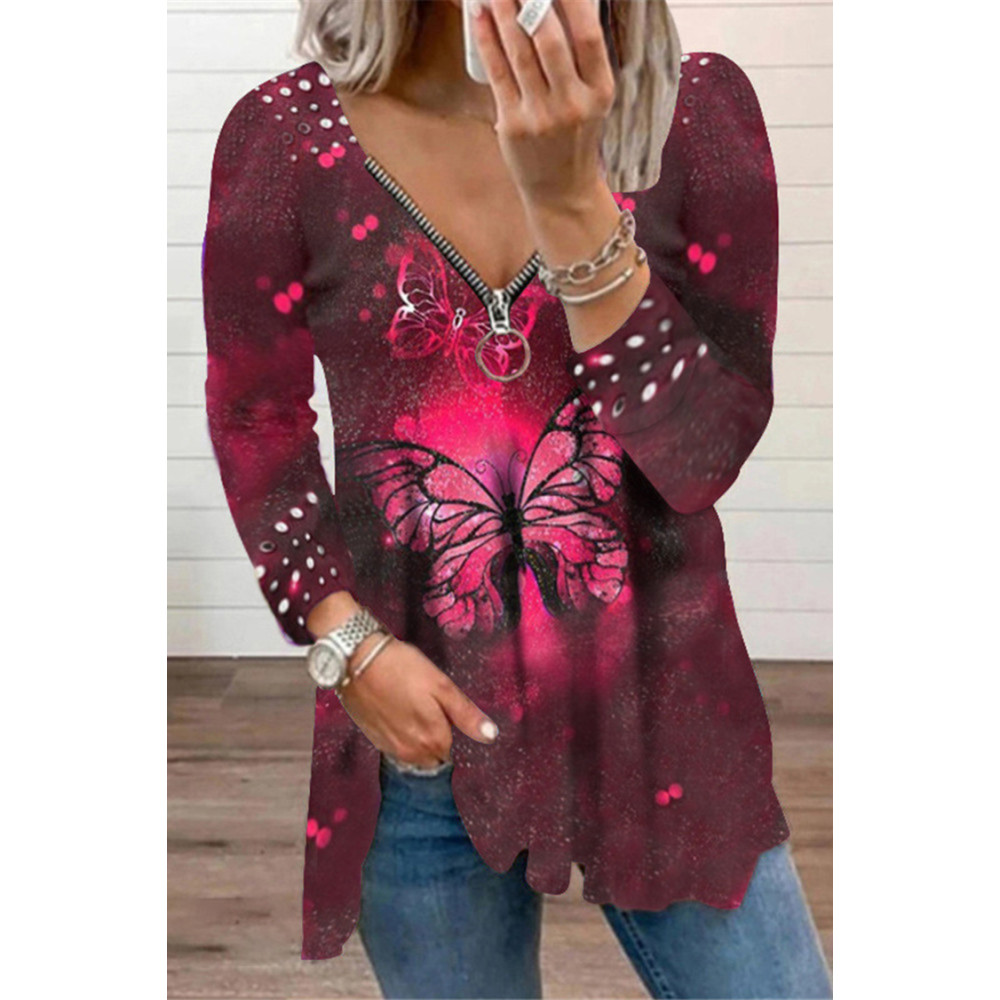 Vintage Zip Long Sleeve Butterfly Print T-Shirt