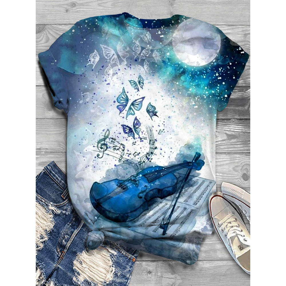 Violin Butterfly Gradient Crew Neck T-Shirt