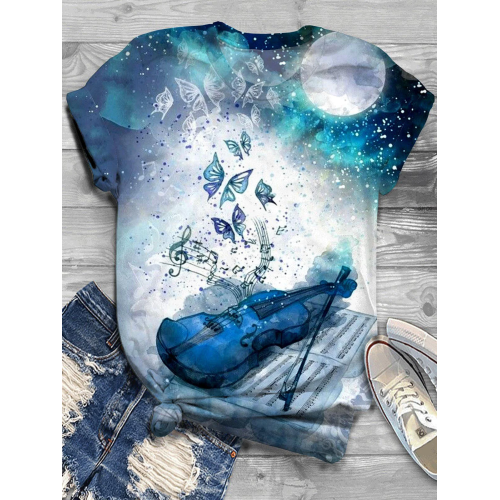 Violin Butterfly Gradient Crew Neck T-Shirt