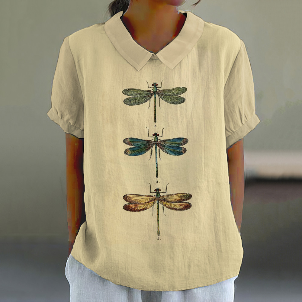 Women'S Casual Dragonfly Cotton Blend Print Lapel Shirt