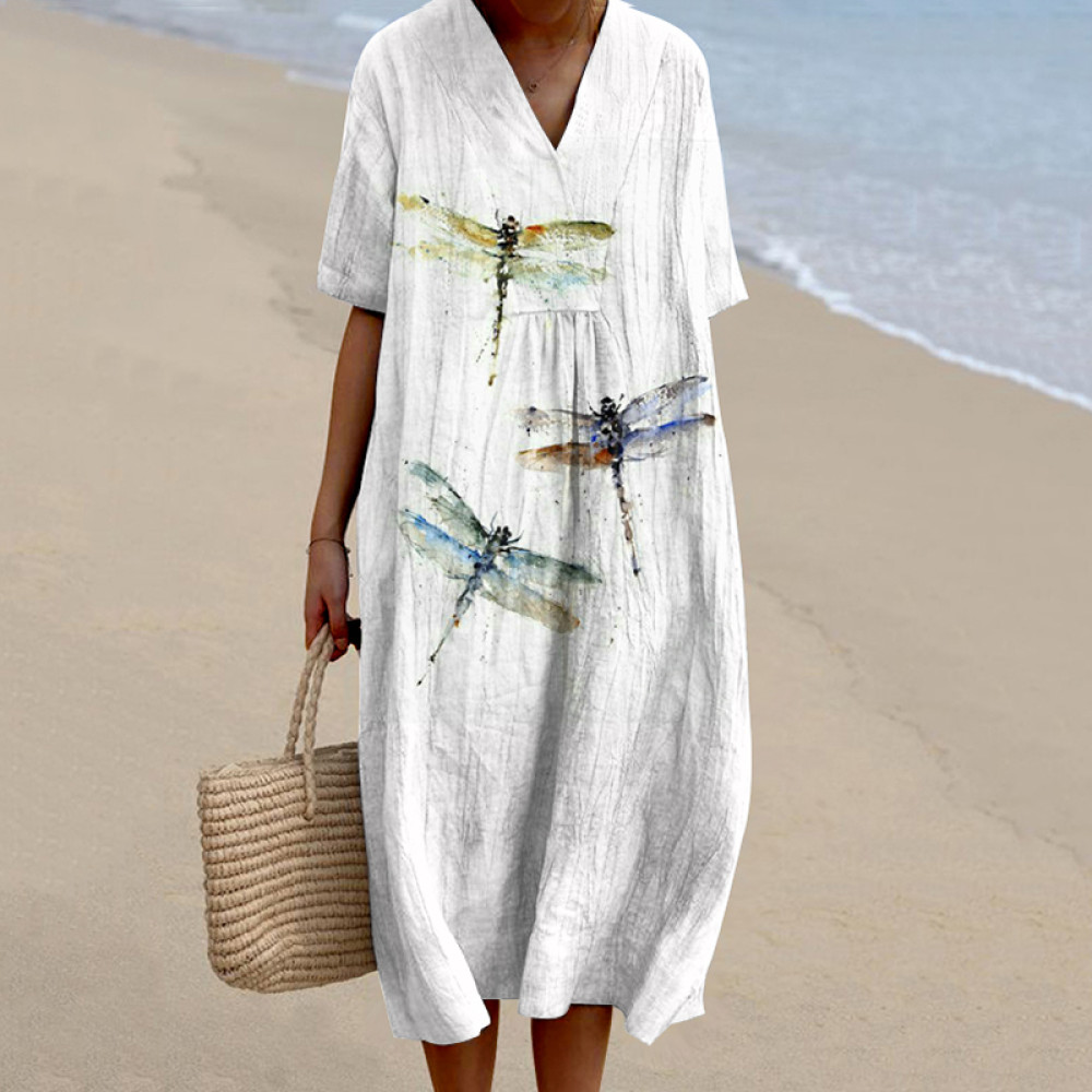 Women'S Colorful Dragonflies Linen Blend Dress