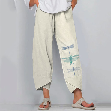 Women'S Vintage  Dragonfly Cotton Blend Print Pants